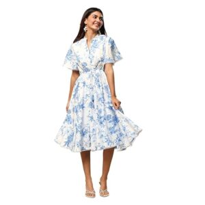 BIBA Women White and Blue Cotton Floral Flared Dress
